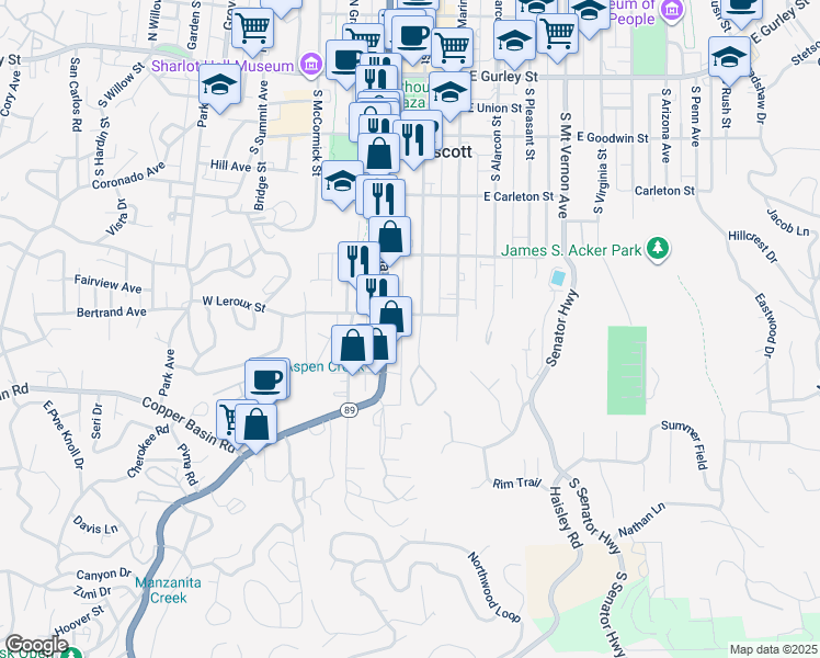map of restaurants, bars, coffee shops, grocery stores, and more near 535 South Montezuma Street in Prescott