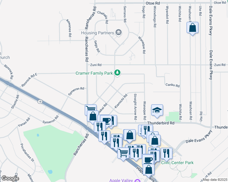 map of restaurants, bars, coffee shops, grocery stores, and more near 15495 Tonekai Road in Apple Valley