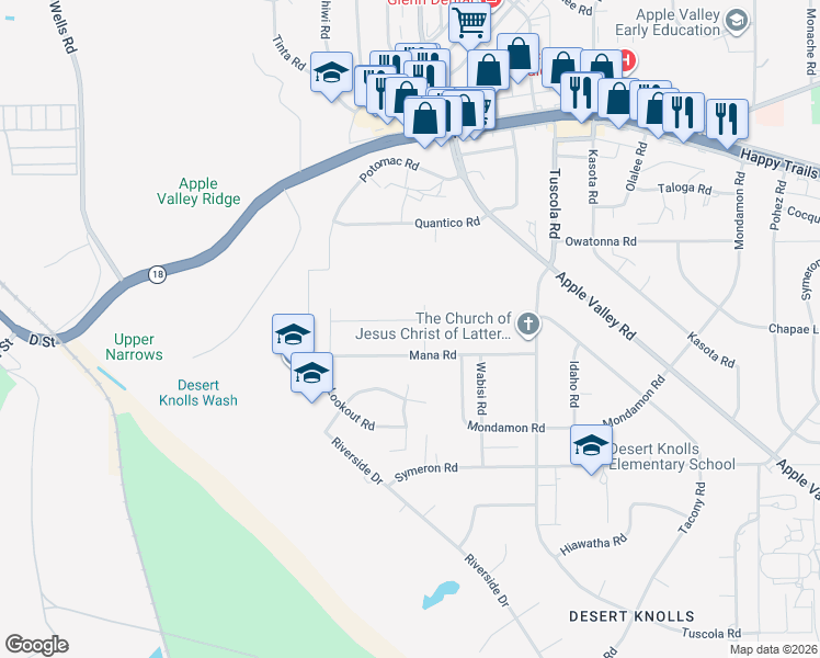 map of restaurants, bars, coffee shops, grocery stores, and more near 17862 Mana Road in Apple Valley