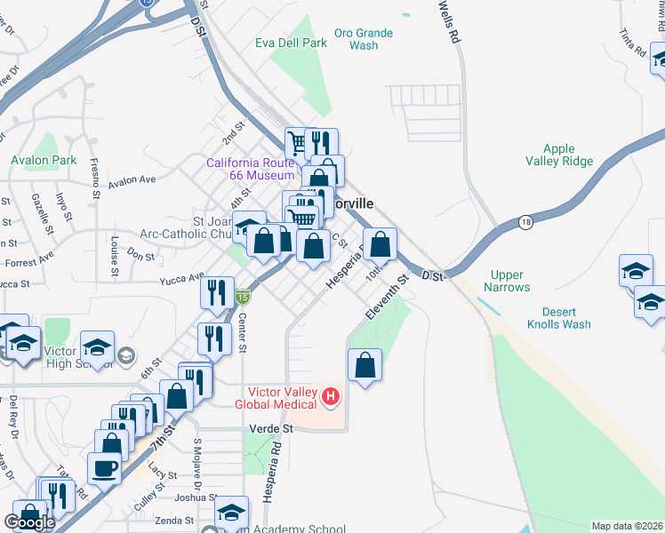 map of restaurants, bars, coffee shops, grocery stores, and more near 16970 B Street in Victorville