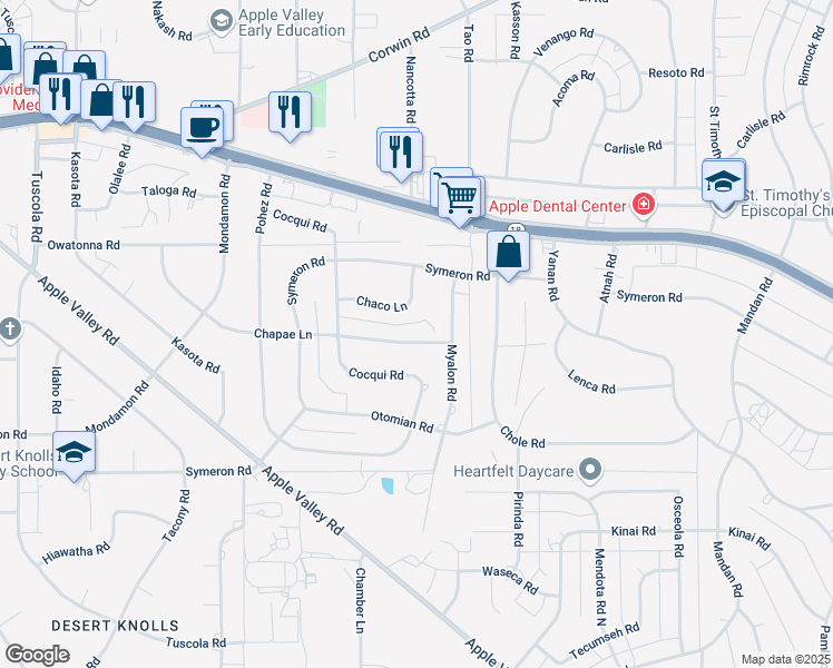 map of restaurants, bars, coffee shops, grocery stores, and more near 18802 Chapae Lane in Apple Valley