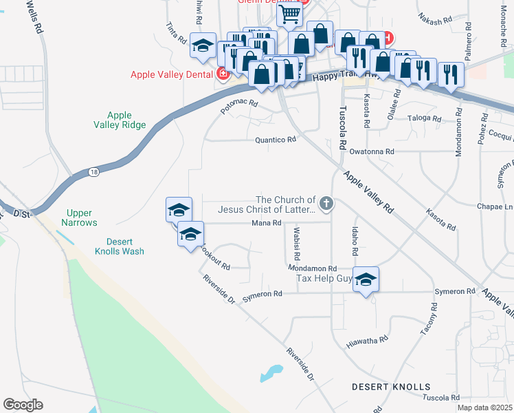 map of restaurants, bars, coffee shops, grocery stores, and more near 17895 Cabazon Road in Apple Valley