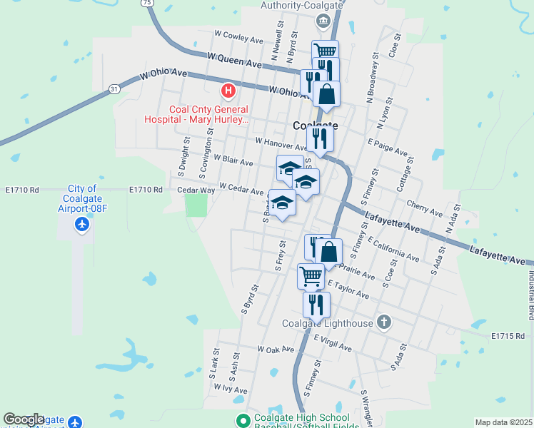 map of restaurants, bars, coffee shops, grocery stores, and more near West Fox Avenue in Coalgate