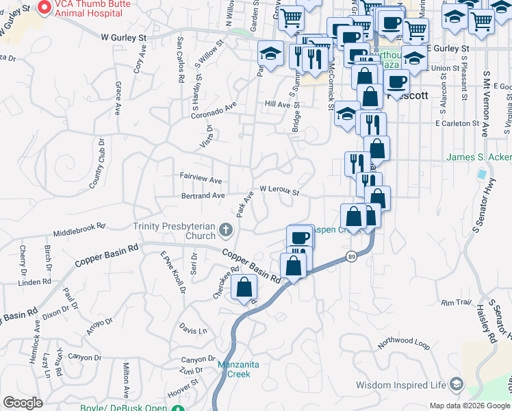 map of restaurants, bars, coffee shops, grocery stores, and more near 501 Park Avenue in Prescott