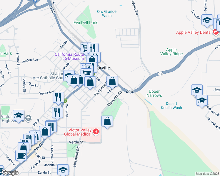 map of restaurants, bars, coffee shops, grocery stores, and more near 17042 C Street in Victorville