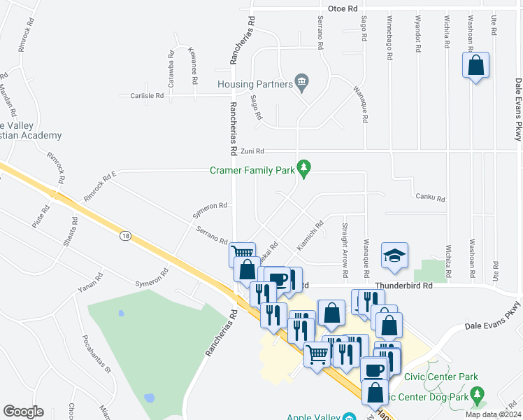 map of restaurants, bars, coffee shops, grocery stores, and more near 20232 Pawhuska Road in Apple Valley