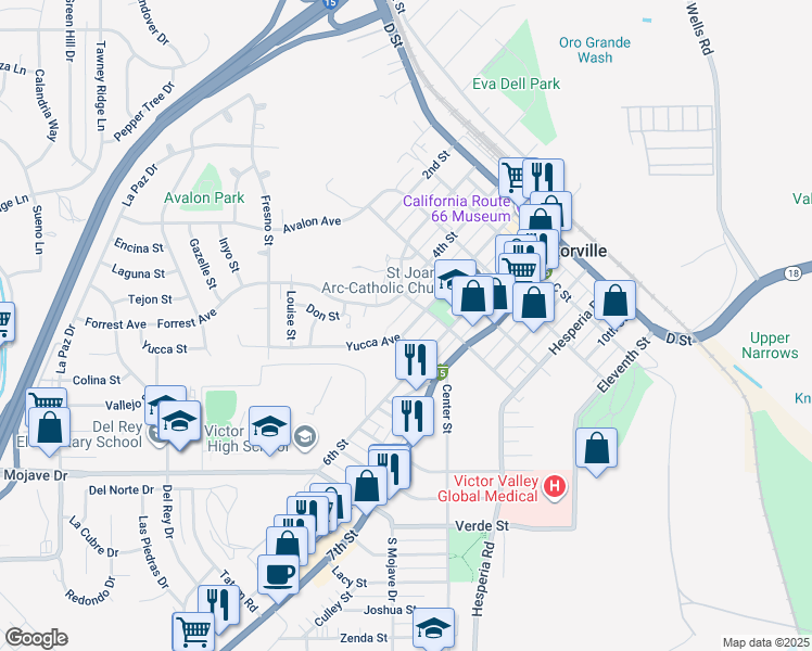 map of restaurants, bars, coffee shops, grocery stores, and more near 15454 5th Street in Victorville