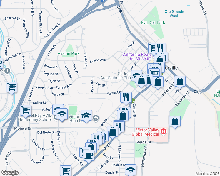 map of restaurants, bars, coffee shops, grocery stores, and more near 16691 Forrest Avenue in Victorville