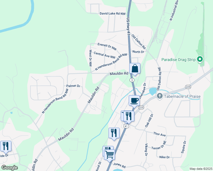 map of restaurants, bars, coffee shops, grocery stores, and more near 1285 Mauldin Road in Calhoun