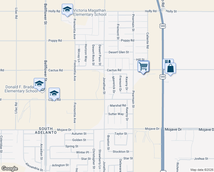 map of restaurants, bars, coffee shops, grocery stores, and more near 11728 Drake Court in Adelanto