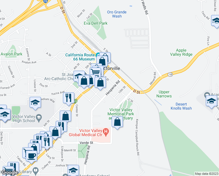 map of restaurants, bars, coffee shops, grocery stores, and more near 15558 Hesperia Road in Victorville
