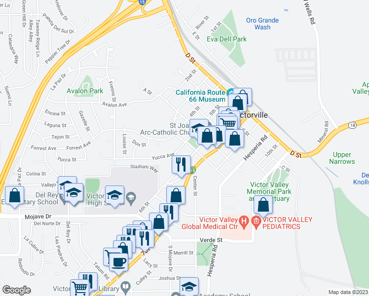 map of restaurants, bars, coffee shops, grocery stores, and more near 15437 5th Street in Victorville