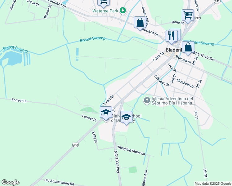 map of restaurants, bars, coffee shops, grocery stores, and more near 121 White Street in Bladenboro