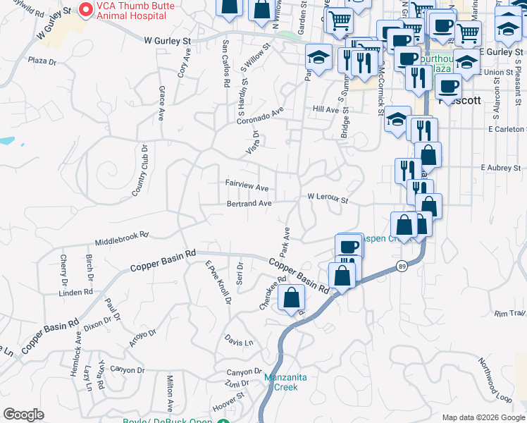 map of restaurants, bars, coffee shops, grocery stores, and more near 536 Sally Lane in Prescott