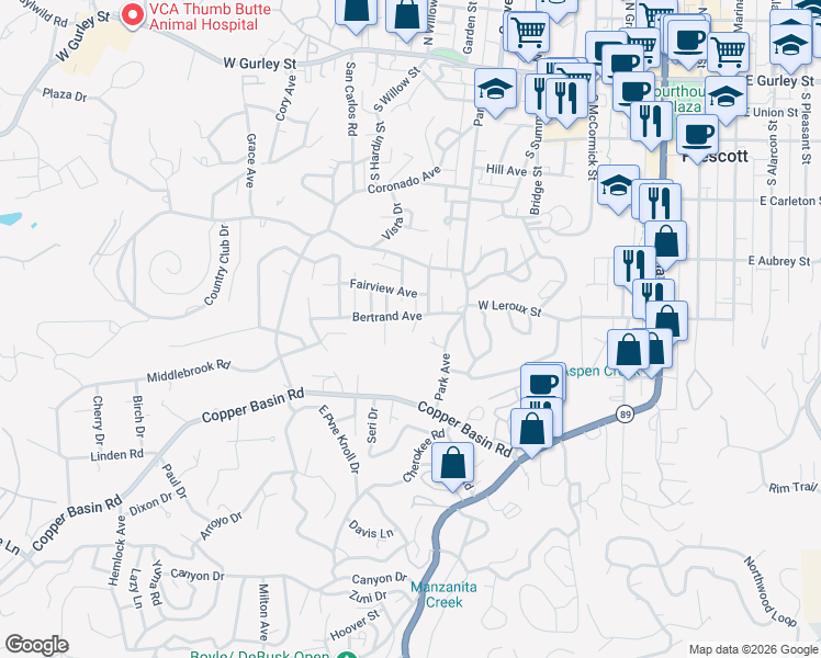 map of restaurants, bars, coffee shops, grocery stores, and more near 536 Sally Lane in Prescott