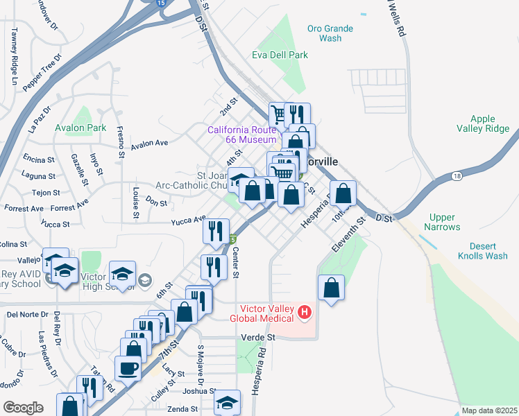 map of restaurants, bars, coffee shops, grocery stores, and more near 15520 Seventh Street in Victorville
