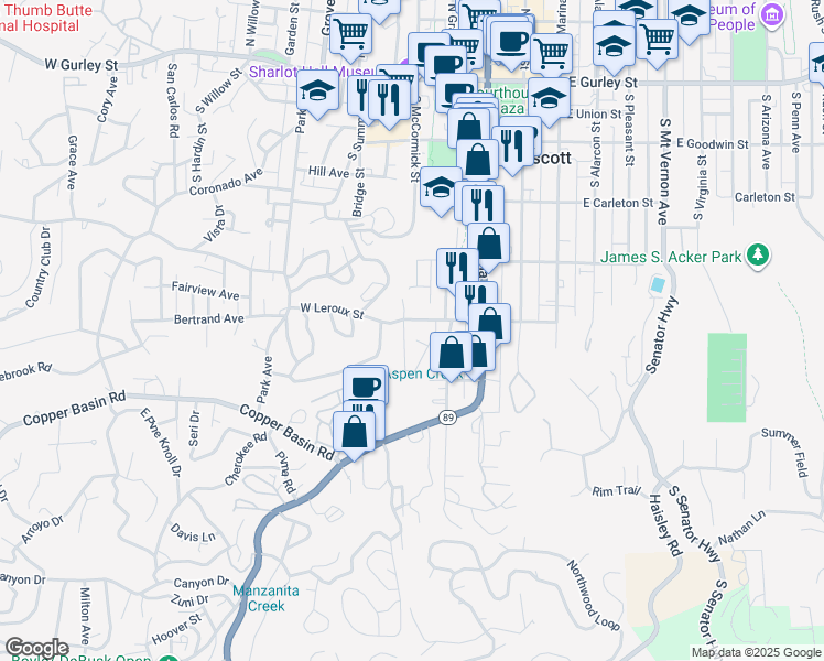 map of restaurants, bars, coffee shops, grocery stores, and more near 320 West Leroux Street in Prescott