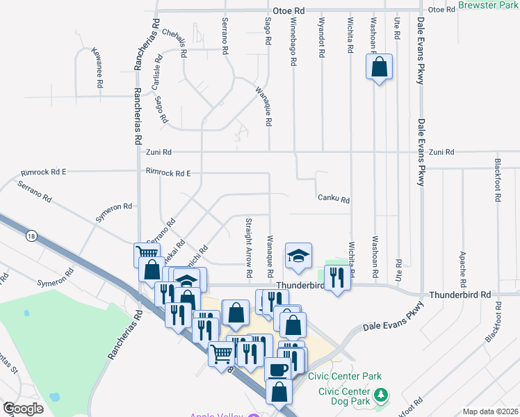 map of restaurants, bars, coffee shops, grocery stores, and more near 15806 Wanaque Road in Apple Valley