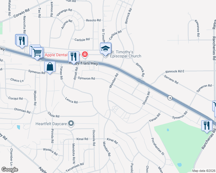 map of restaurants, bars, coffee shops, grocery stores, and more near 19375 Symeron Road in Apple Valley