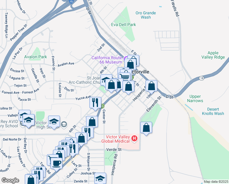 map of restaurants, bars, coffee shops, grocery stores, and more near 15520 Seventh Street in Victorville
