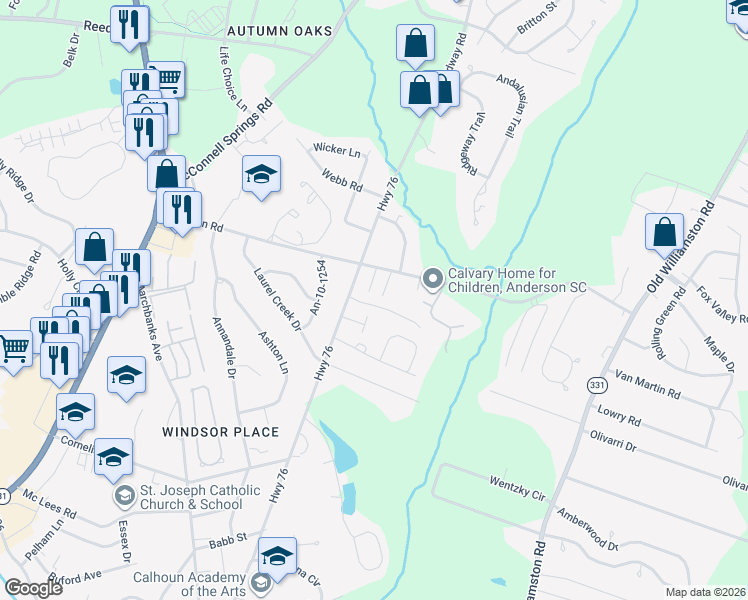 map of restaurants, bars, coffee shops, grocery stores, and more near 420 Simpson Road in Anderson