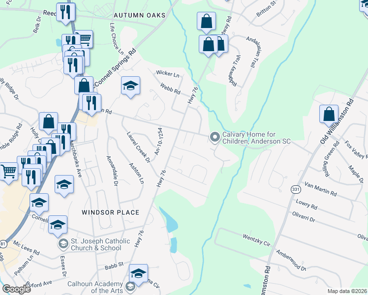 map of restaurants, bars, coffee shops, grocery stores, and more near 420 Simpson Road in Anderson