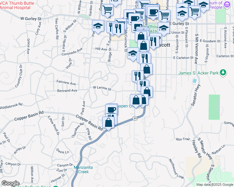 map of restaurants, bars, coffee shops, grocery stores, and more near 424 West Leroux Street in Prescott