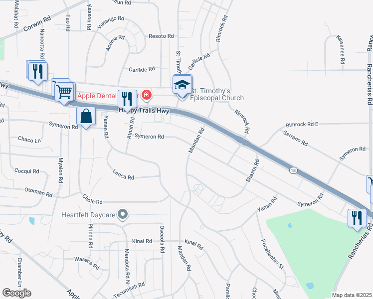 map of restaurants, bars, coffee shops, grocery stores, and more near 19375 Symeron Road in Apple Valley