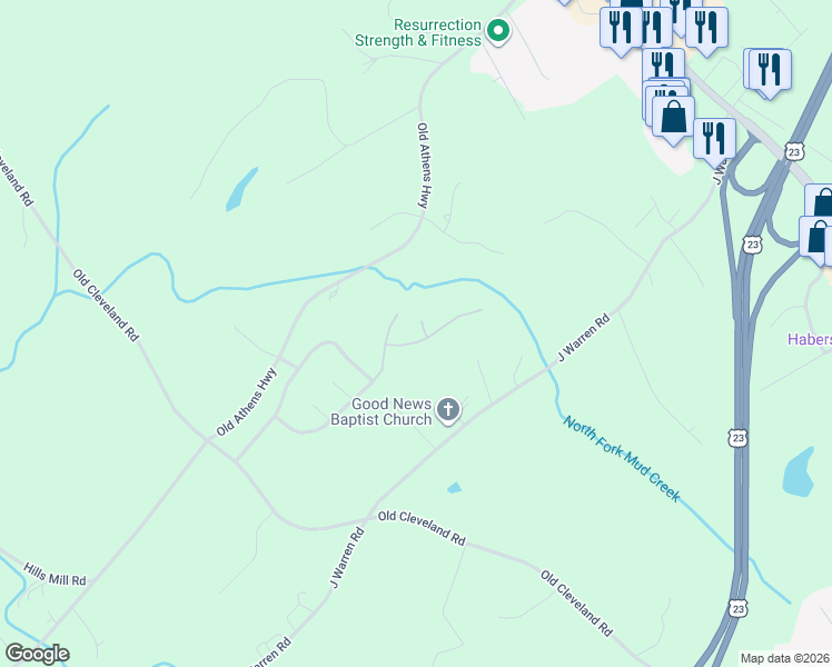map of restaurants, bars, coffee shops, grocery stores, and more near 942 Soapstone Drive in Cornelia