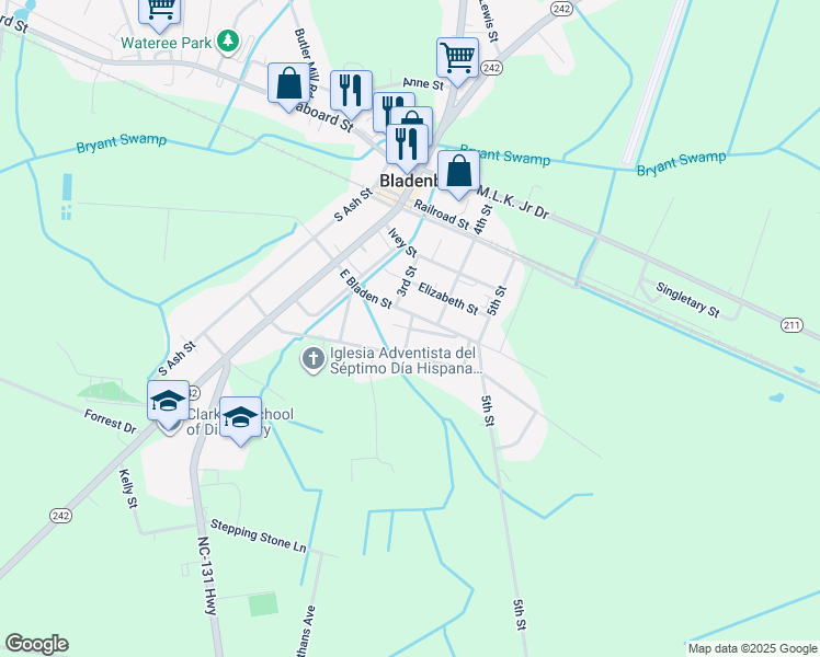 map of restaurants, bars, coffee shops, grocery stores, and more near Gum Street in Bladenboro
