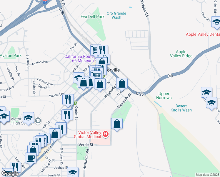 map of restaurants, bars, coffee shops, grocery stores, and more near 15564 Hesperia Road in Victorville