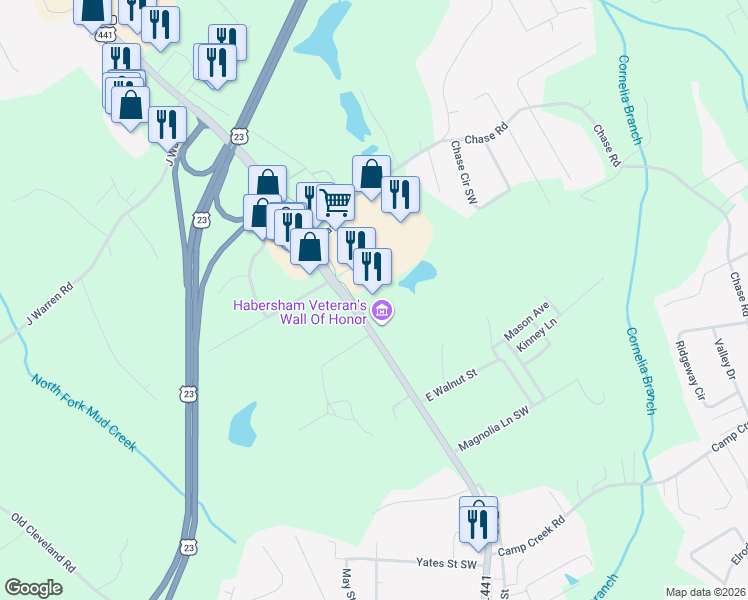 map of restaurants, bars, coffee shops, grocery stores, and more near 700 U.S. 441 Business in Baldwin
