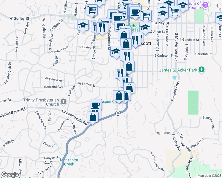 map of restaurants, bars, coffee shops, grocery stores, and more near 320 West Leroux Street in Prescott
