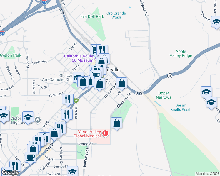 map of restaurants, bars, coffee shops, grocery stores, and more near 15609 Hesperia Road in Victorville