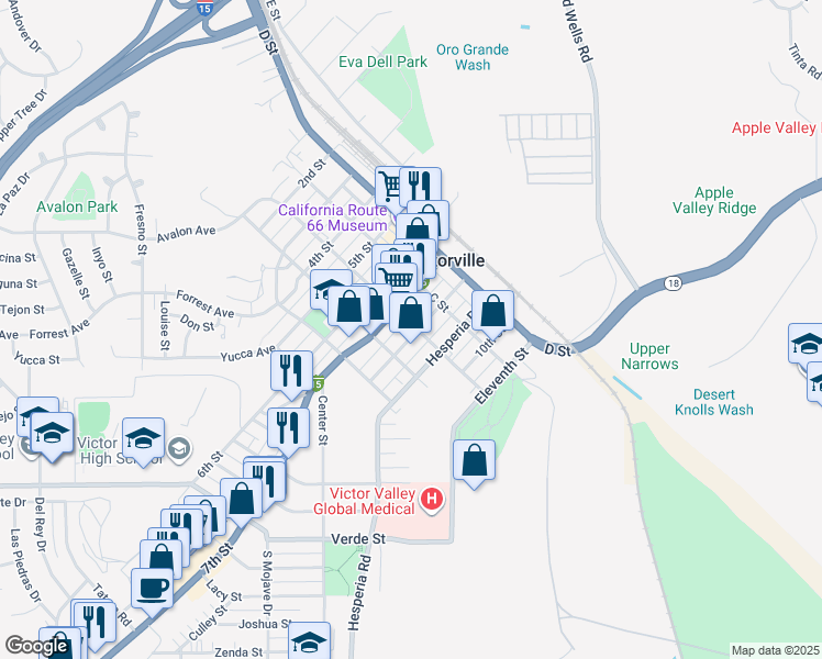 map of restaurants, bars, coffee shops, grocery stores, and more near 16924 B Street in Victorville