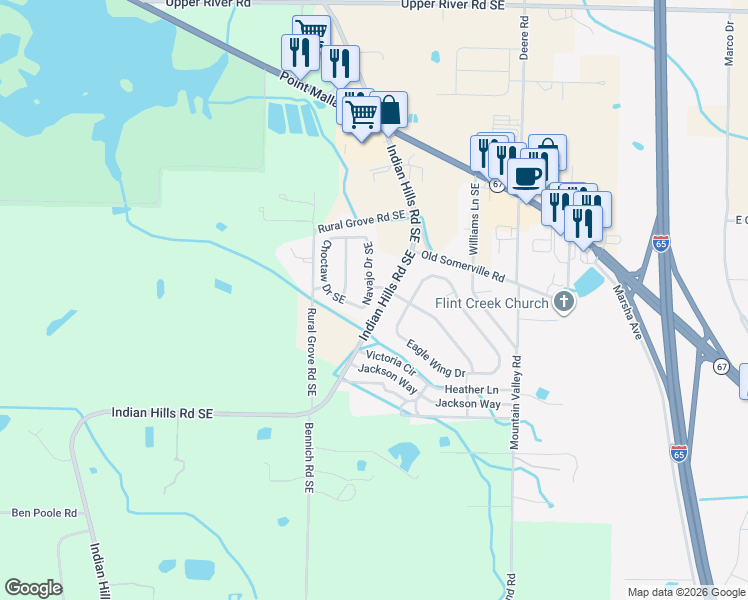 map of restaurants, bars, coffee shops, grocery stores, and more near 3123 Navajo Drive Southeast in Decatur