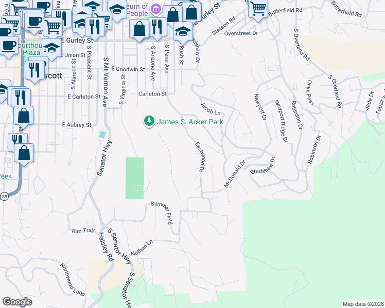 map of restaurants, bars, coffee shops, grocery stores, and more near 540 Eastwood Drive in Prescott