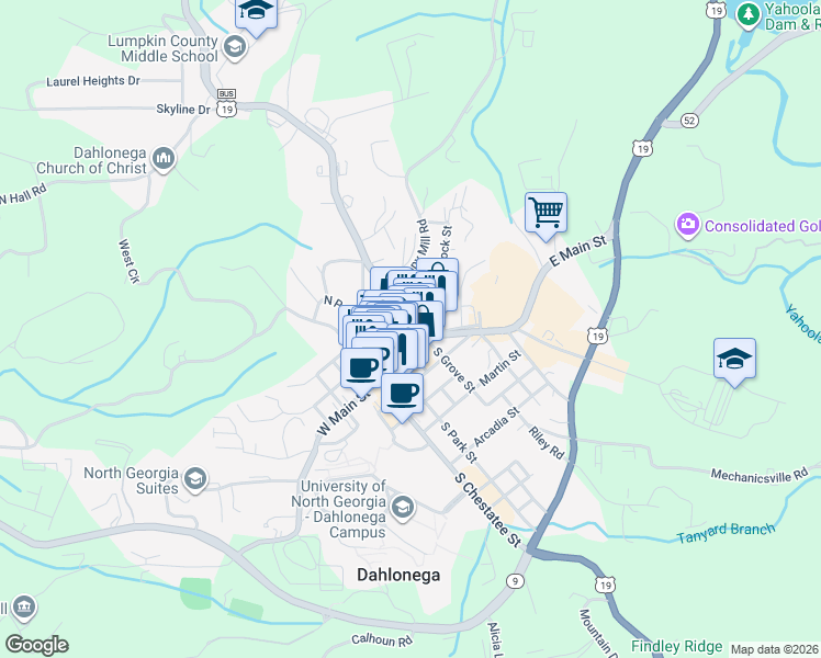 map of restaurants, bars, coffee shops, grocery stores, and more near 51 North Grove Street in Dahlonega