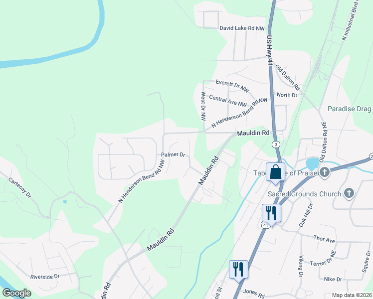map of restaurants, bars, coffee shops, grocery stores, and more near 367 North Henderson Bend Road Northwest in Calhoun