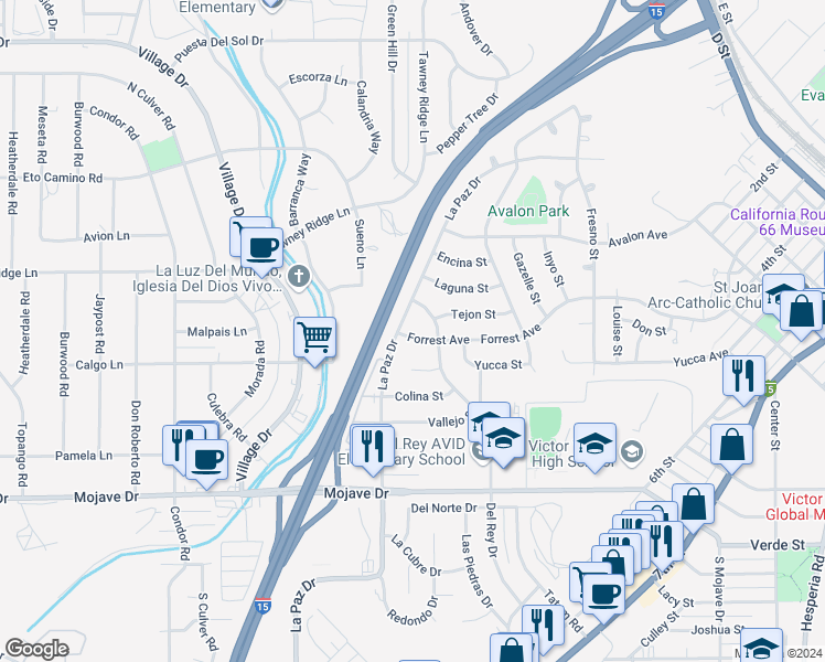 map of restaurants, bars, coffee shops, grocery stores, and more near 16156 Forrest Avenue in Victorville