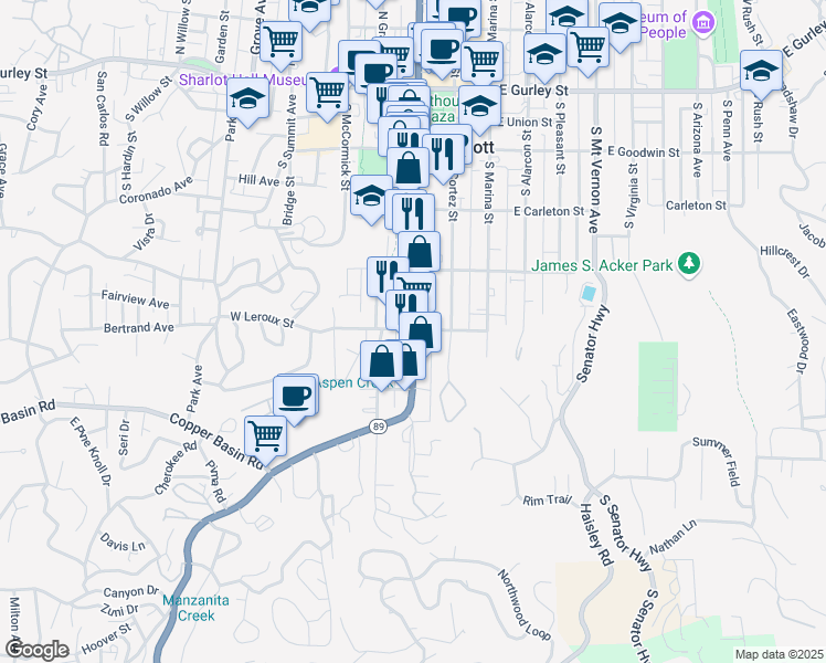 map of restaurants, bars, coffee shops, grocery stores, and more near 500 State Highway 89 in Prescott