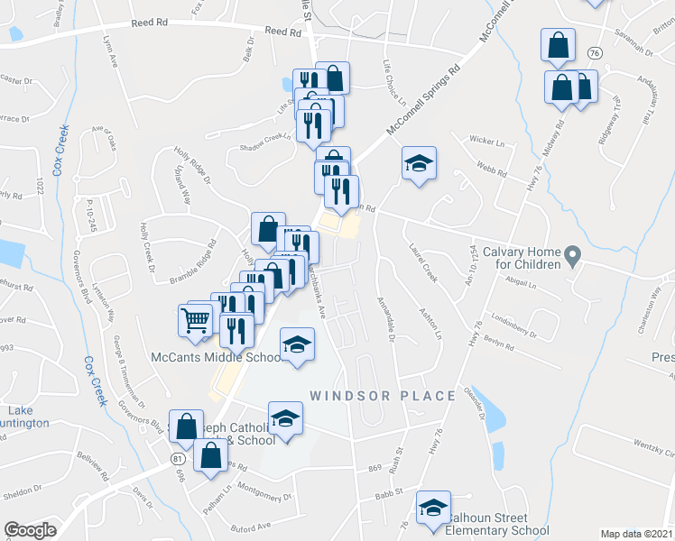 map of restaurants, bars, coffee shops, grocery stores, and more near 2420 Marchbanks Avenue in Anderson