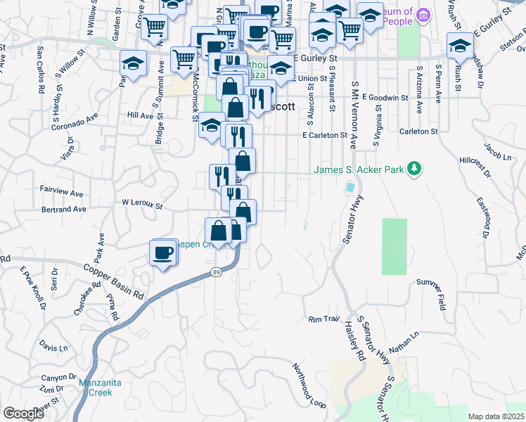 map of restaurants, bars, coffee shops, grocery stores, and more near 501 South Cortez Street in Prescott