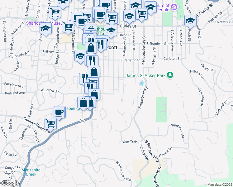 map of restaurants, bars, coffee shops, grocery stores, and more near 443 South Marina Street in Prescott
