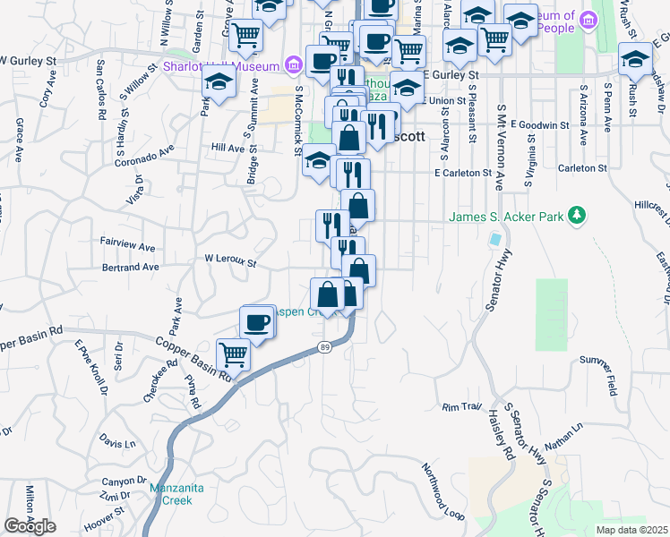 map of restaurants, bars, coffee shops, grocery stores, and more near 220 West Leroux Street in Prescott