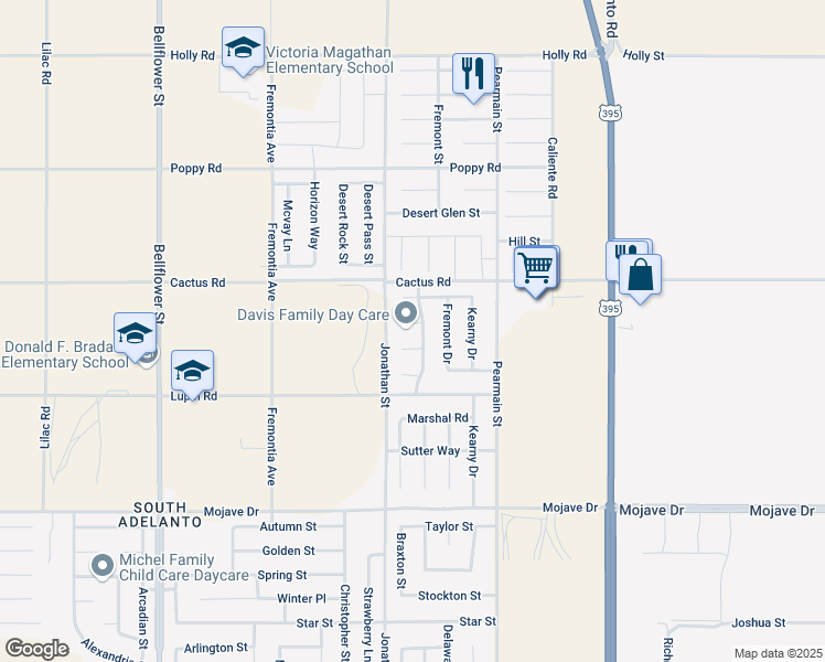 map of restaurants, bars, coffee shops, grocery stores, and more near 15637 Maverick Drive in Adelanto
