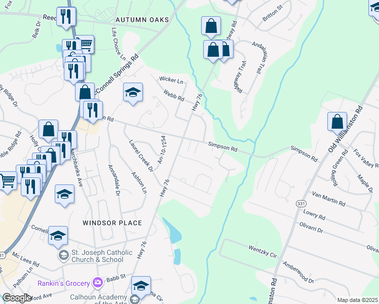 map of restaurants, bars, coffee shops, grocery stores, and more near 420 Simpson Road in Anderson