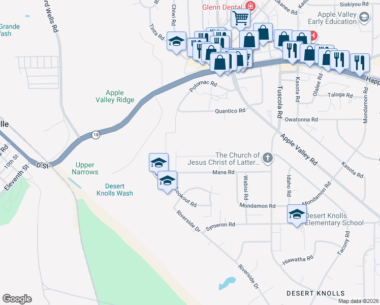 map of restaurants, bars, coffee shops, grocery stores, and more near 17794 Cabazon Road in Apple Valley