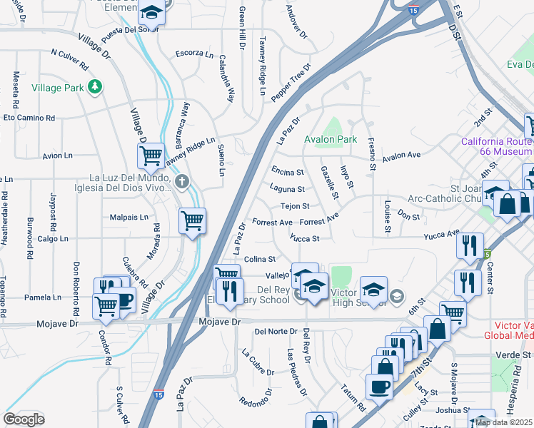 map of restaurants, bars, coffee shops, grocery stores, and more near 15596 Del Rey Drive in Victorville