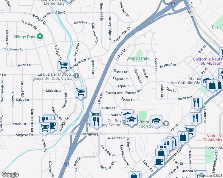 map of restaurants, bars, coffee shops, grocery stores, and more near 15596 Del Rey Drive in Victorville